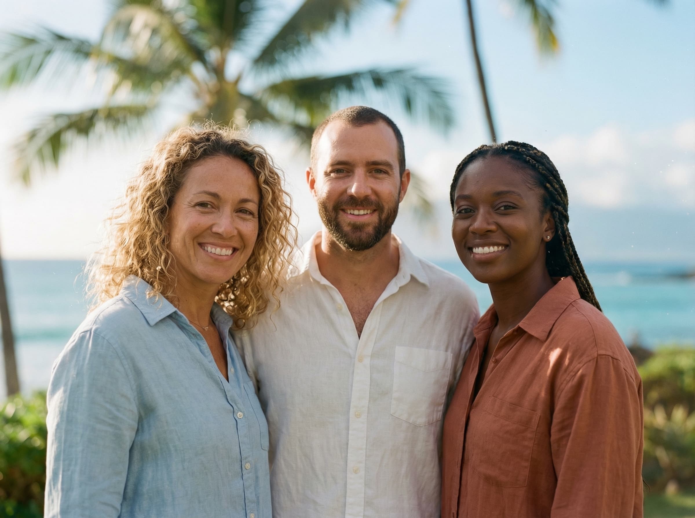 Adults smiling on a tropical Maui beach