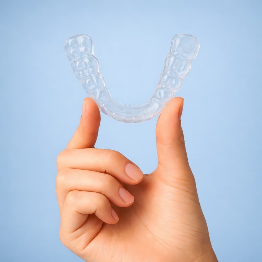 Hand holding a clear aligner tray