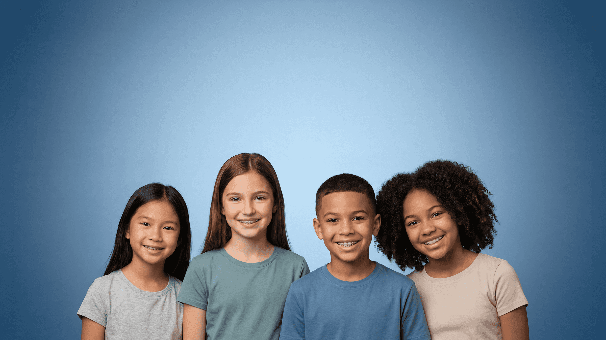 Diverse group of kids with braces smiling