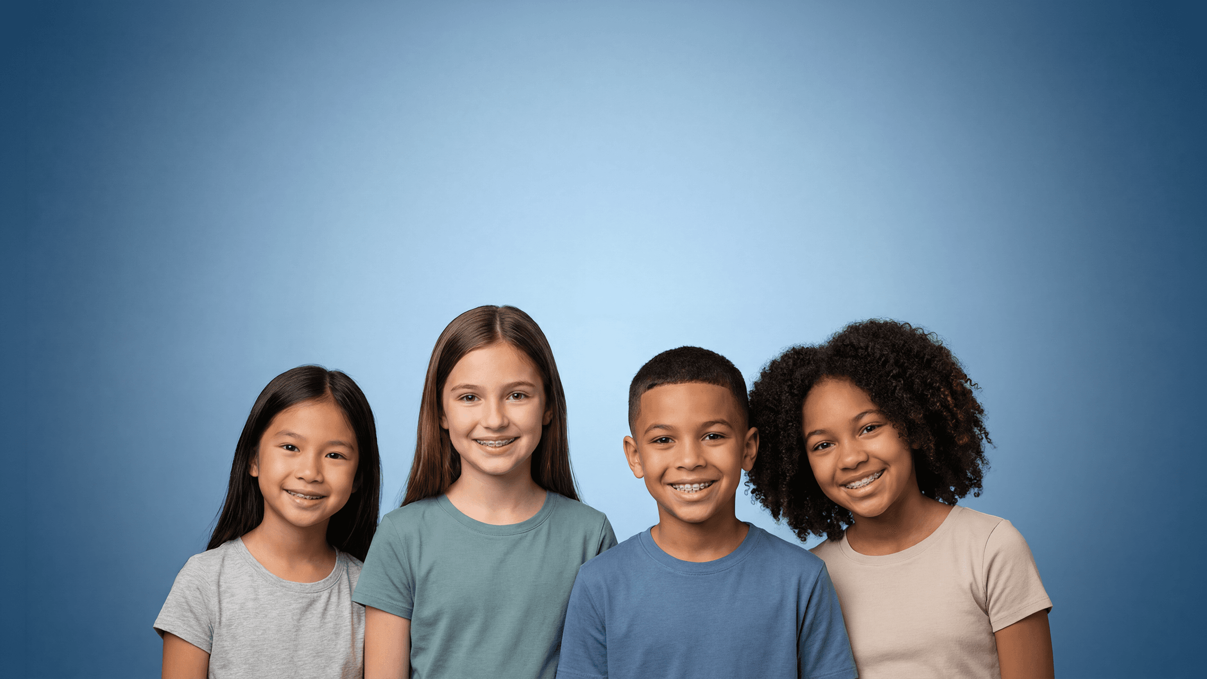 Diverse group of kids with braces smiling
