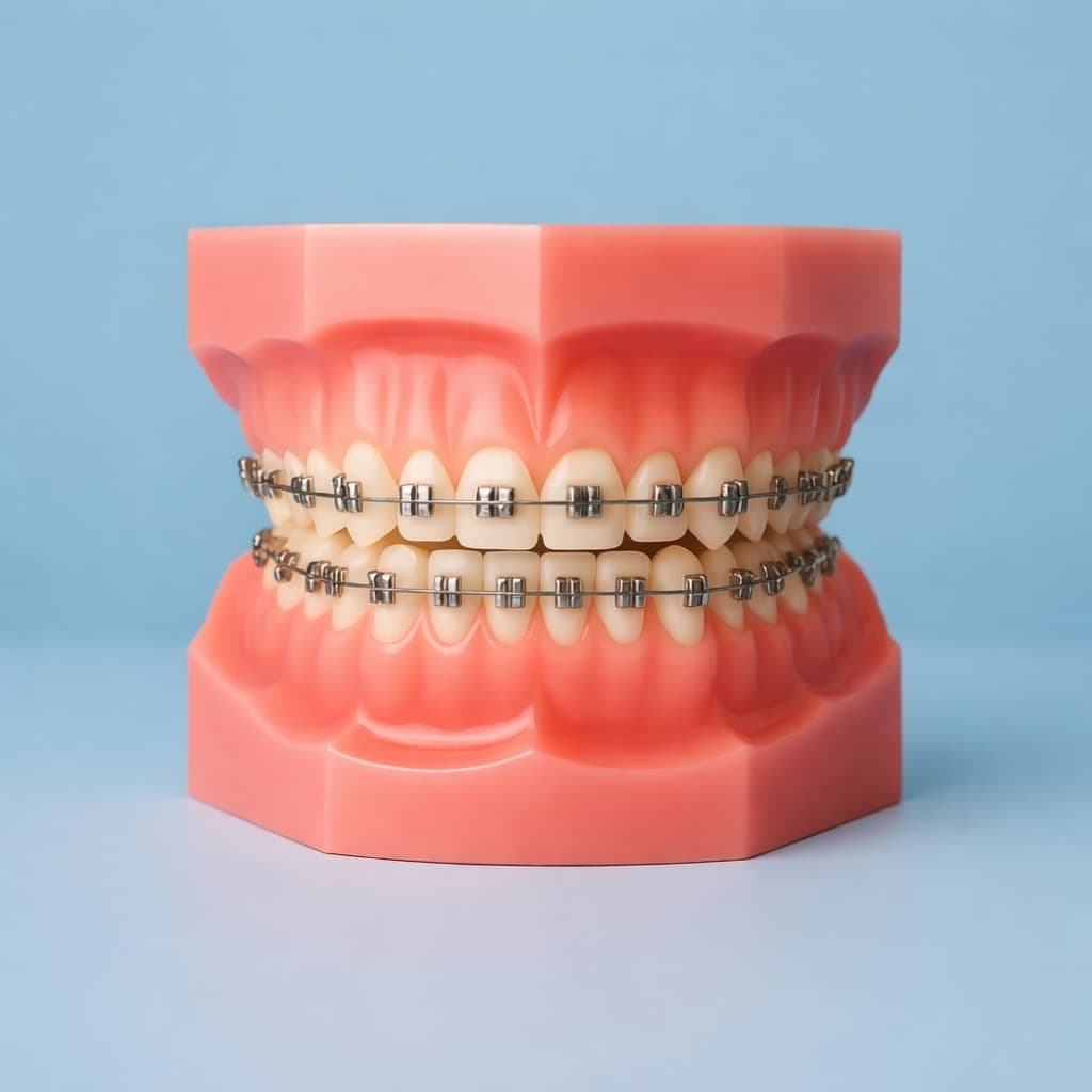 Traditional metal braces on dental model